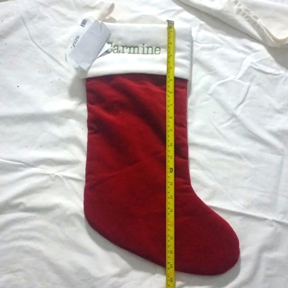 Pottery Barn Velvet Stocking red With Ivory Cuff- Monogrammed “carmine”